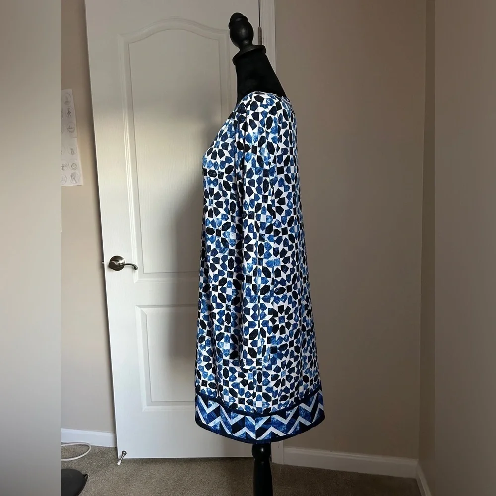 Michael Kors Petite Geometric Long Sleeve Sheath blue white black LP